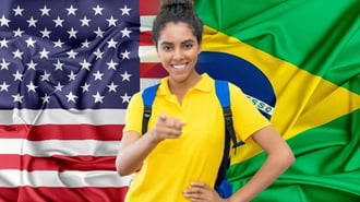 Student from Brazil in front of US flag and Brazilian Flag-1