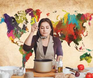 girl smelling soup with world map behind